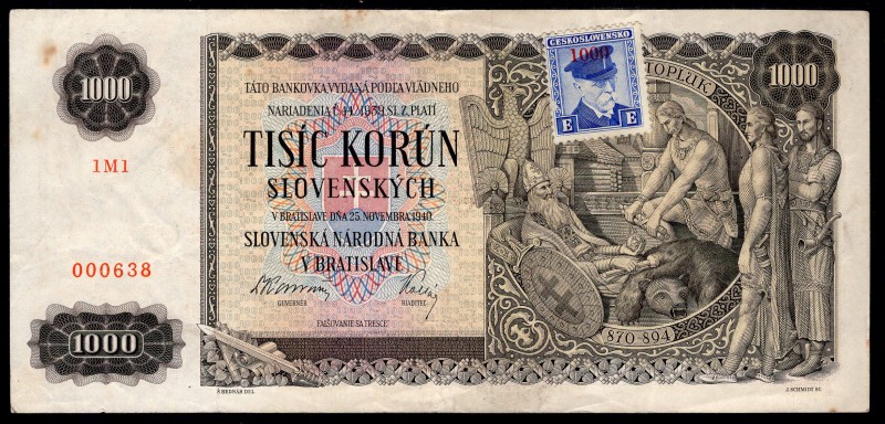 Czechoslovakia 1000 Korun 1940 -1945
P# 56a; # 1M1 000638; Red Y adhesive stamp...