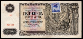 Czechoslovakia 1000 Korun 1940 -1945
P# 56a; # 1M1 000638; Red Y adhesive stamp on Slovakia # 13; VF