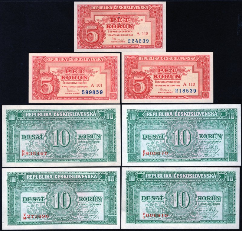 Czechoslovakia Lot of 7 Banknotes 1945 -1949
(x3) 5 Korun 1945 with only one Sp...
