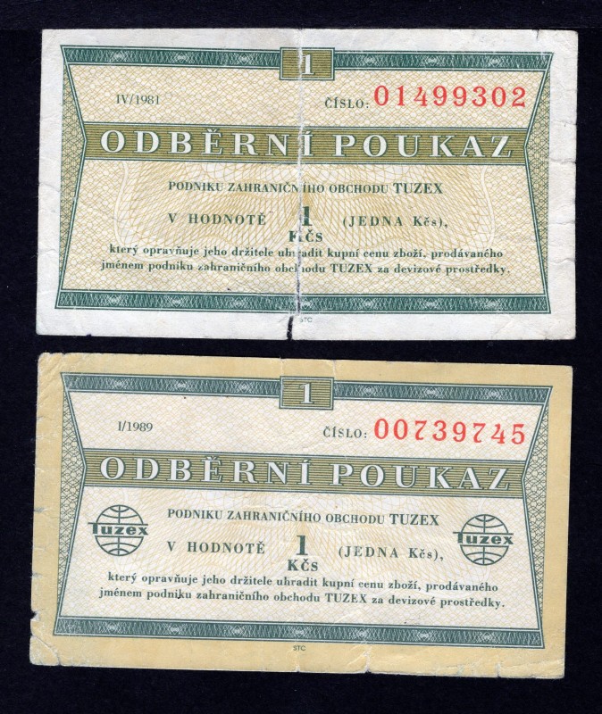 Czechoslovakia Tuzex Poukazky 1981 -1989
Notgeld; 2 pcs.; 1 krona;VG & F