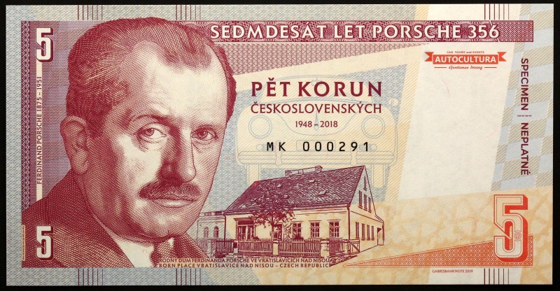 Czech Republic 5 Korun 2018 Specimen "Porshe 356"
Fantasy Banknote; Sedmdesát l...