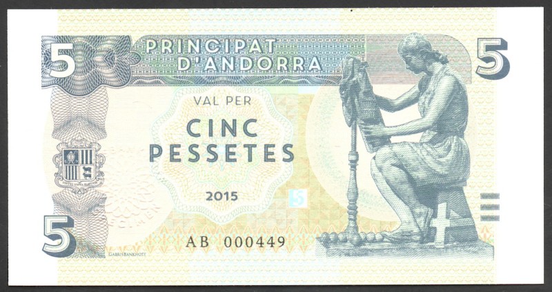 Andorra 5 Pessetes 2015 Specimen
Mintage: 600; UNC; Bronze Sculpture by J. Vila...