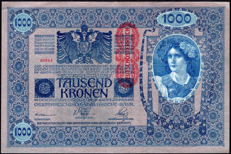 Austria 1000 Kronen 1919 
P# 59; DEUTSCHOSTERREICH Overprint. #90554. XF. but f...
