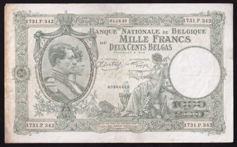 Belgium 1000 Francs / 200 Belgas 1942 
P# 110, 43264342