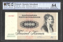 Denmark 1000 Kroner 1992 PCGS 64 VERY RARE
P# 53g; № 2837552 C5922H; UNC; Large Banknote; VERY RARE!