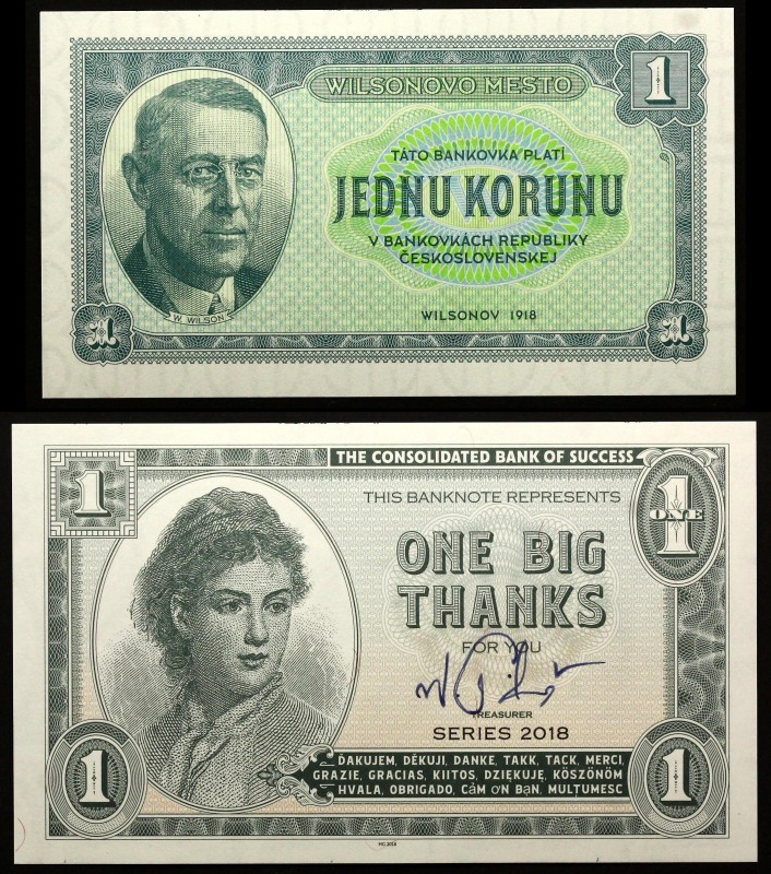 Europe Lot of 2 Notes 
Czechoslovakia 1 Koruna 1918 - 2018 Wilsonovo Mesto & Gr...