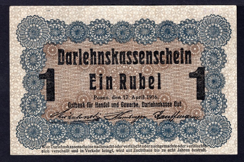 Germany WWI Occupation of Poland Posen (Poznan) 1 Rubel 1916 
P# R122d; aUnc