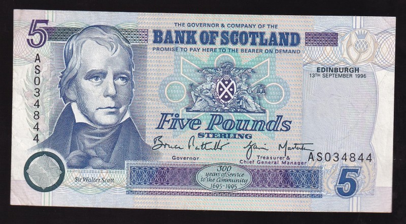 Scotland 5 Pounds 1996 
P# 119b, AS034844. XF-aUNC.