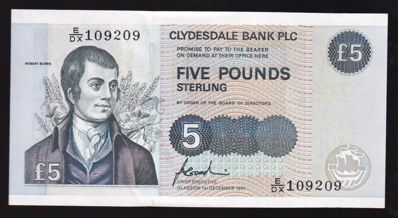 Scotland Clydesdale Bank 5 Pounds 1997 
P# 218c, E/DX 109209. UNC.