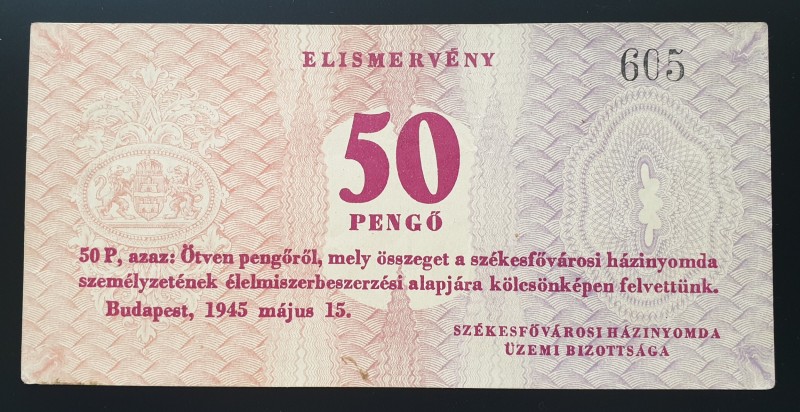 Hungary 50 Pengo 1945 Budapest
VF+