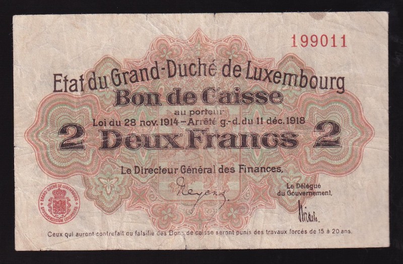 Luxembourg 2 Francs 1914 
P# 28, 199011