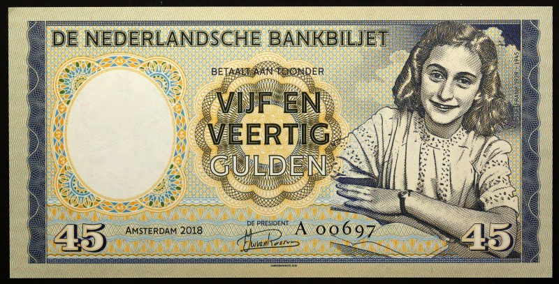 Netherlands 45 Gulden 2018 Specimen "Anne Frank"
Fantasy Banknote; Anne Frank; ...