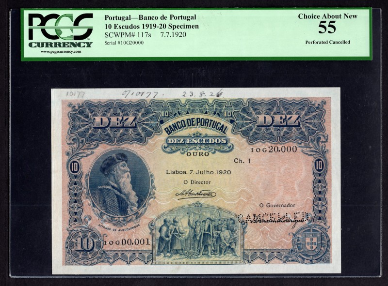 Portugal 10 Escudos 1920 Specimen
P# 117s; Specimen; PCGS 55; aUnc