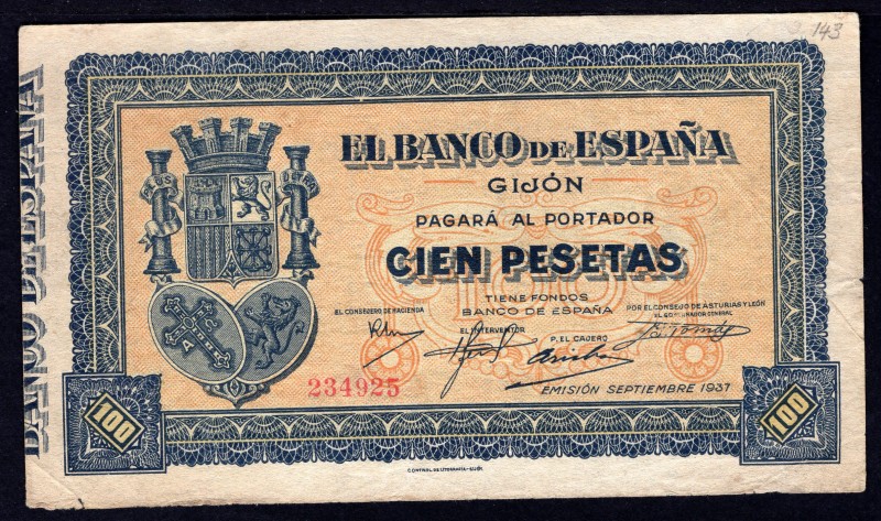 Spain 100 Pesetas 1937 
P# S580; VF