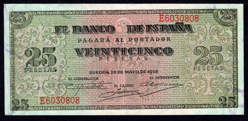 Spain 25 Pesetas 1938 
P# 111a; VF