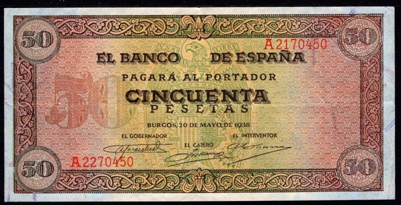 Spain 50 Pesetas 1938 
P# 112a; VF