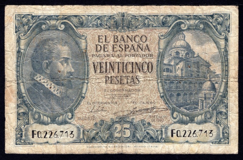 Spain 25 Pesetas 1940 
P# 116a; F+