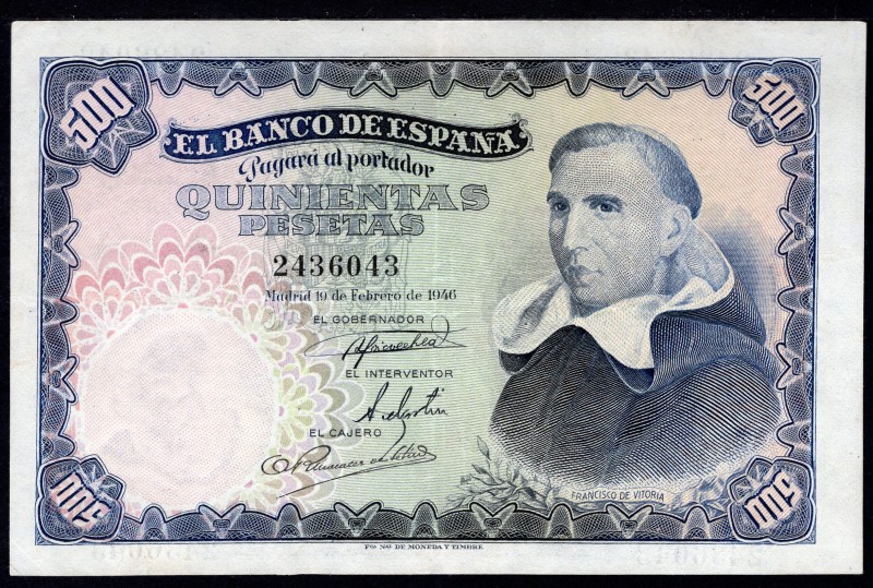 Spain 500 Pesetas 1946 
P# 132a; XF-aUNc