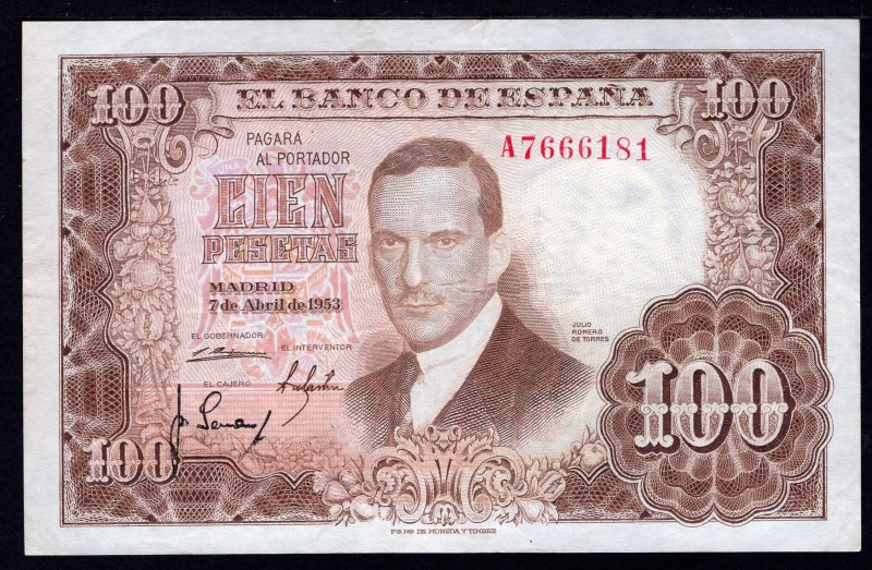 Spain 100 Pesetas 1953 
P# 145a; XF