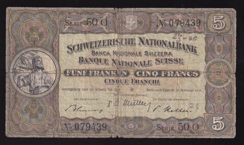 Switzerland 5 Francs 1951 
P# 11, 079439