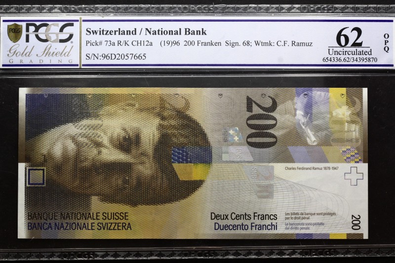 Switzerland 200 Franken 1996 PCGS 62
P# 73a. Signature 68, Watermark C.F. Ramuz...