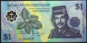 Brunei 1 Ringgit 1996 NUMBER
P# 22a; № C/6 008008; UNC; Polymer; Fine Serial Number