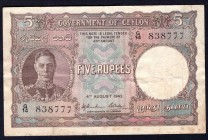 Ceylon 5 Rupees 1943 
P# 36; VF-