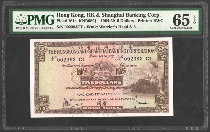 Hong Kong 5 Dollars 1964 - 1969 PMG 65
P# 181c; № 002393 CT; UNC; Scarce Date; ...