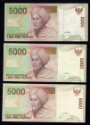 Indonesia Lot of 3 Banknotes 2001 
5000 Rupees; P# 142a; P# 142i; P# 142n; UNC