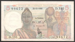 French West Africa 5 Francs 1953 RARE
P# 36; № D/191 99672; UNC; RARE!