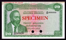 Kenya 20 Shillings 1969 Specimen
P# 8ct; Color Trial Green/Green; aUnc