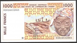Mali 1000 Francs 2002 
P# 411; 11 Digit Serial; UNC; West African States