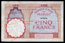 Morocco 5 Francs 1941 
P# 23; VF
