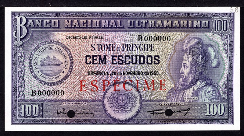 Saint Thomas & Prince 100 Escudos 1958 Specimen
P# 38s; UNC