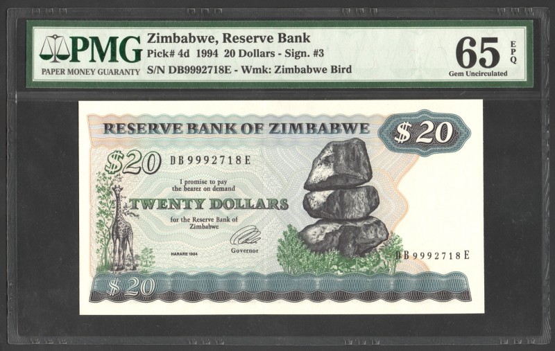 Zimbabwe 20 Dollars 1994 PMG 65
P# 4d; № DB 9992718 E; UNC; "Victoria Falls"