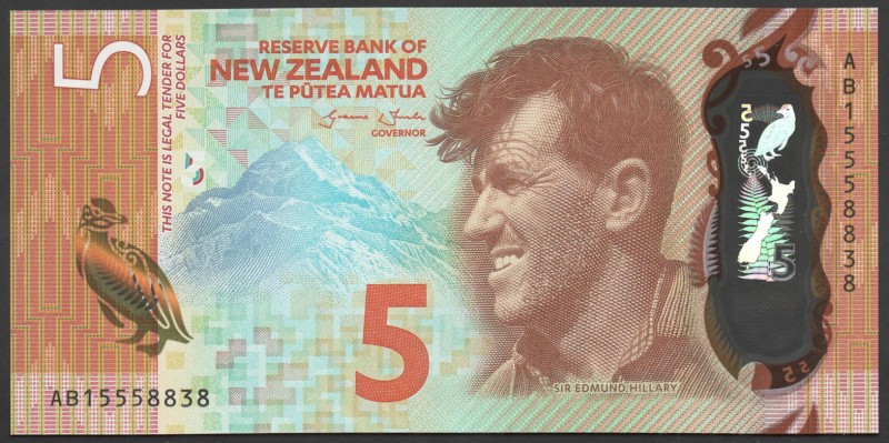 New Zealand 5 Dollars 2015 
P# 191; № AB 15558838; UNC; Polymer; "Sir Edmund Hi...