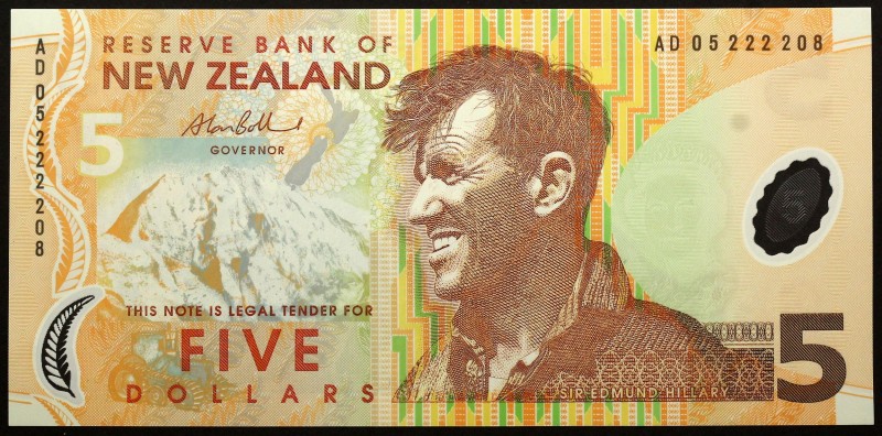 New Zealand 5 Dollars 2005
P# 185; № AD 05222208; UNC; Polymer; "Sir Edmund Hil...