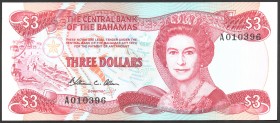 Bahamas 3 Dollars 1974 -1984
P# 44a; UNC; Sign. W.C. Allen
