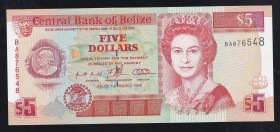 Belize 5 Dollars 1996 
P# 58, BA876548. UNC.
