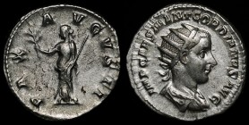 Ancient World Roman Empire Gordian III Antoninianus 238 AD
Cohen# 173; Silver 4.25g 21x21mm; Rome Mint; IMP CAES M ANT GORDIANVS AVG/PAX AVGVSTI