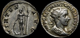 Ancient World Roman Empire Gordian III Antoninianus 238 - 239 AD
RIC# 6; RSC# 381; Silver 4.97g 20x20mm; IMP CAES M ANT GORDIANVS AVG/VIRTVS AVG
