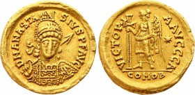 Byzanthium Ostrogoths Theoderic Solidus 518 Rome Anastasius I
Arslan# 9; MEC# 112; MIB# 9; Gold 4,32g.; In the name of Anastasius. D N ANASTASIVS P F...