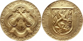 Czechoslovakia Medal by Josef Hvozdenský - Hradec Králové Město Hudební Soutěže 
Gold Plated Bronze 191g 80mm, With Original Box / červená etue...