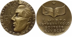 Czechoslovakia Medal by Josef Hvozdenský - Julius Fučík – Zítra Znamená Včera 
Bronze 63g 50mm; With Original Box / červená etue