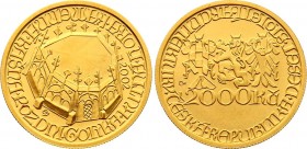 Czech Republic 2000 Korun 2002 
KM# 67; Gold (.9999) 6,22g.; Subject: Gothic - Fountain in Kutna Hora Obv: Three heraldic animals Rev: Fountain enclo...