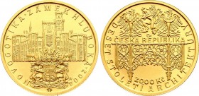 Czech Republic 2000 Korun 2004 
KM# 75; Gold (.9999) 6,22g.; Obv: Ornamental porch below three heraldic animals; Rev: Hluboka Castle with coat of arm...