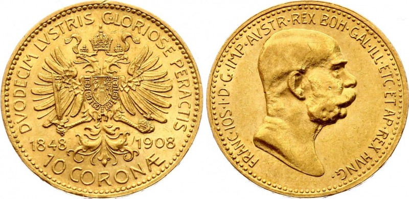 Austria 10 Corona 1908 
KM# 2810; Gold (.900) 3.39g 18.95mm; 60th Anniversary o...