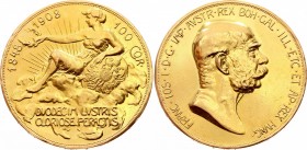 Austria 100 Corona 1908 
KM# 2812; Gold (.900) 33.49g 37mm; Ex Proof; Mintage 16.026; 60th Anniversary of the Reign of Franz Joseph I