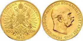 Austria 100 Corona 1913 
KM# 2819; Franz Joseph I. Gold (.900) 33.88g 37mm, AUNC Very beautiful reverse but polished obverse. The 2nd rarest date - m...