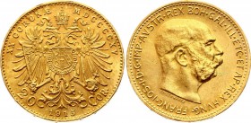 Austria 20 Corona 1915 Restrike
KM# 2818; Gold (.900), 6,78g.; Franz Joseph I Obv: Head of Franz Joseph I, right.